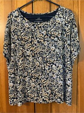 J. Jill Navy Floral Short-Sleeve Tee with Cream and Tan Blooms